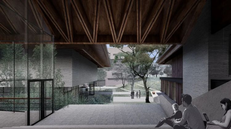其木造屋頂結構有助於降低建築碳排放，實踐永續設計理念，同時也為空間注入溫潤且安定的氛圍。大面積落地窗將戶外綠意引入室內，即使穿梭於不同空間之間，依然能感受到綠意環繞，提升空間流動性。此外，透過下沉式庭院設計，為地下層教育推廣空間帶來更開闊的視野、綠地與自然採光，預計於 2030 年完工。