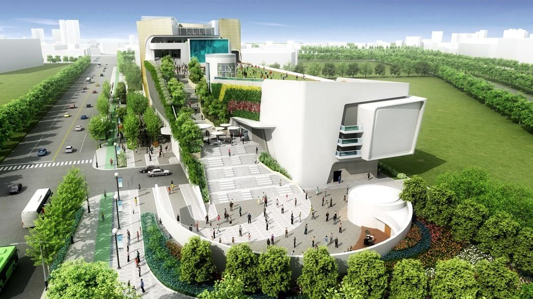 流線型的建築語彙，同樣坐落於水湳經貿園區的「台中流行影音中心」，規劃為地上 7 層、地下 3 層建築，樓地板面積逾 1 萬坪，營運內容將聚焦於動畫、漫畫、遊戲主題，加上流行音樂與電影等影音內涵，提供民眾休憩、娛樂的場域。