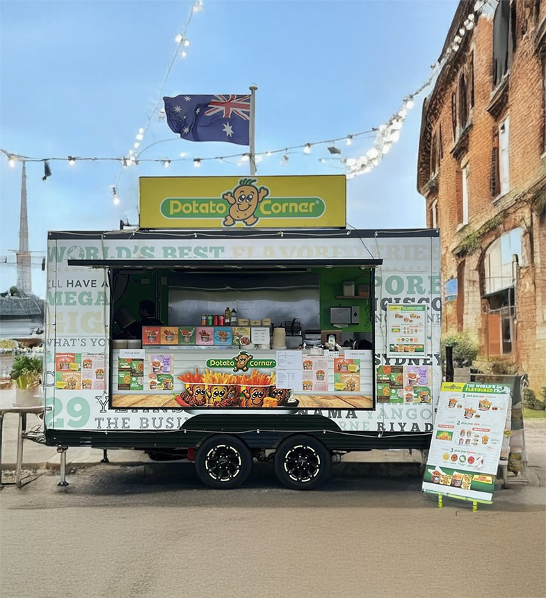 位在澳洲的Potato Corner的白色餐車，上頭還掛上了澳洲的國旗。
