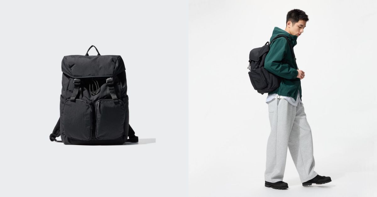 Uniqlo 也在大包的設計上,做出合適的更新。這款多口袋後背包,長 47 公分、寬 28.5 公分、深 14 公分,在柔軟與強硬的材質之間,取得剛剛好的平衡點