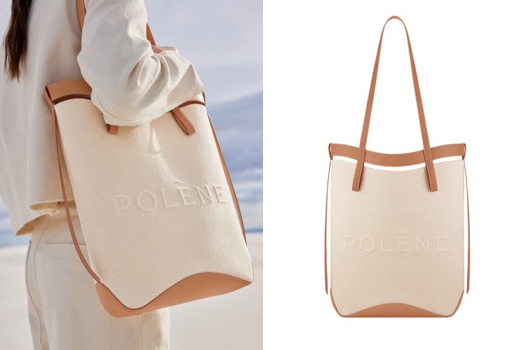 來自巴黎的新銳品牌Polène，Ilo手提包以棉質帆布搭配小牛皮滾邊，包身Logo壓印採同色設計，低調展現品牌質感